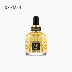 Eye serum bottle with black cap and gold 24K label on clear base