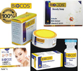 Biocos skincare set with cream jar, beauty soap box, and serum bottle