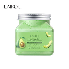 Body scrub jar with green avocado-exfoliant label and silver screw-top lid