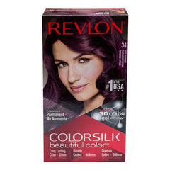 Revlon Colorsilk hair color box, shade 34, front view with purple-toned hair