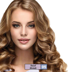Hazel blonde hair colour on model with 05 hazel blonde label near chin