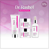 4-piece skincare set: whitening cleanser tube, face spots cream, day cream jar, serum bottle