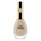 Beige gel shine nail polish bottle with gold cap, shade 20, 15 ml.