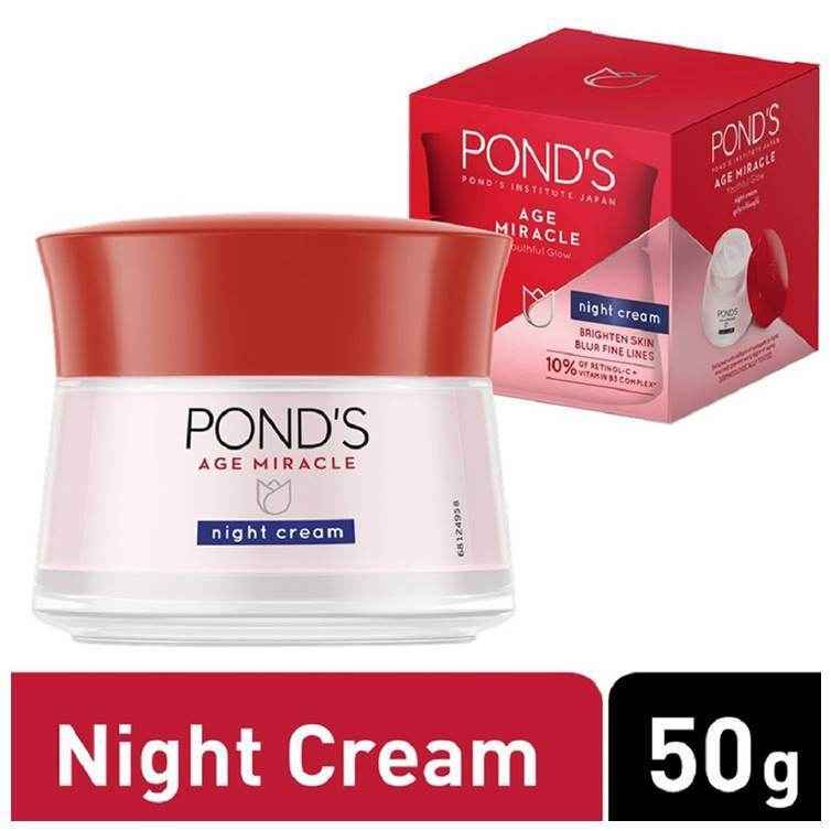 Ponds Age Miracle night cream jar with red lid and 50g label