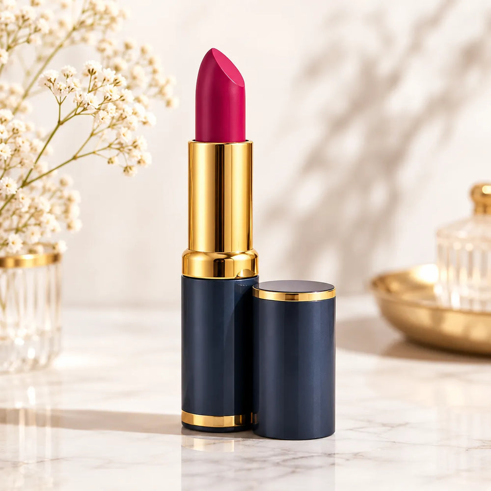 Medora lipstick in gold tube with dark blue body, pink-red bullet