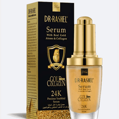 Dr Rashel gold collagen serum bottle with gold cap, beside tall product box, 24K