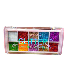 10-shade glitter palette in clear case with green, red, teal, purple glitter blocks
