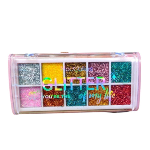 10-shade glitter makeup palette in clear case with blue, gold, pink, purple shades
