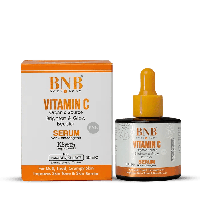 BNB Vitamin C serum bottle and box, amber glass with dropper, 30 ml