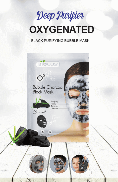 Biocos bubble charcoal black face mask in retail package with charcoal pieces