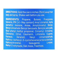 Body spray label with directions and ingredients text on a blue panel