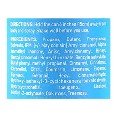 MIKA body spray label panel with directions and ingredients text