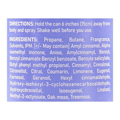 Body spray can label with directions and ingredients text