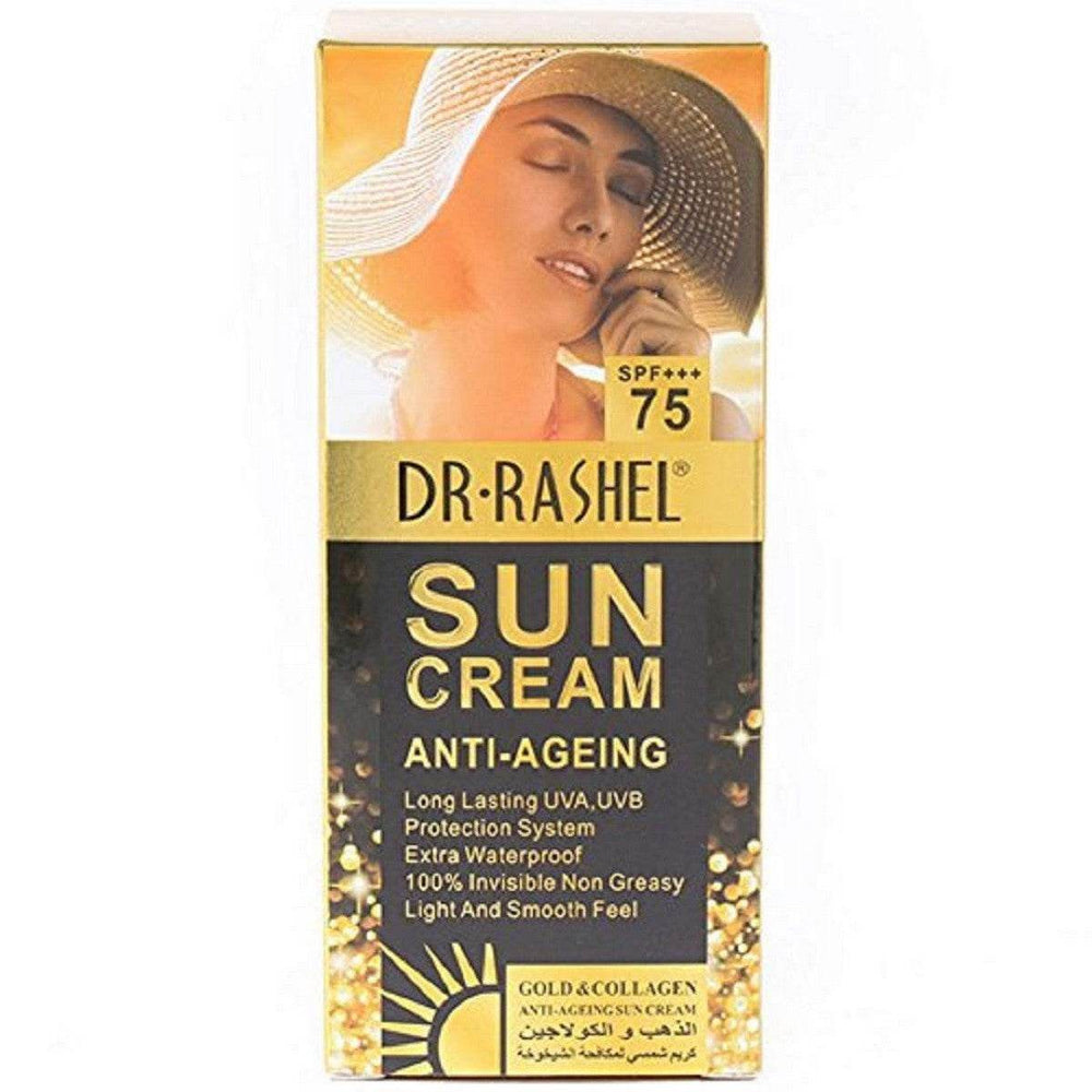 Anti-ageing sun cream SPF 75 lotion in gold-and-cream box, Dr.Rashel