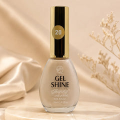 Beige long-lasting gel nail polish bottle with gold cap, shade 20, 15 ml.
