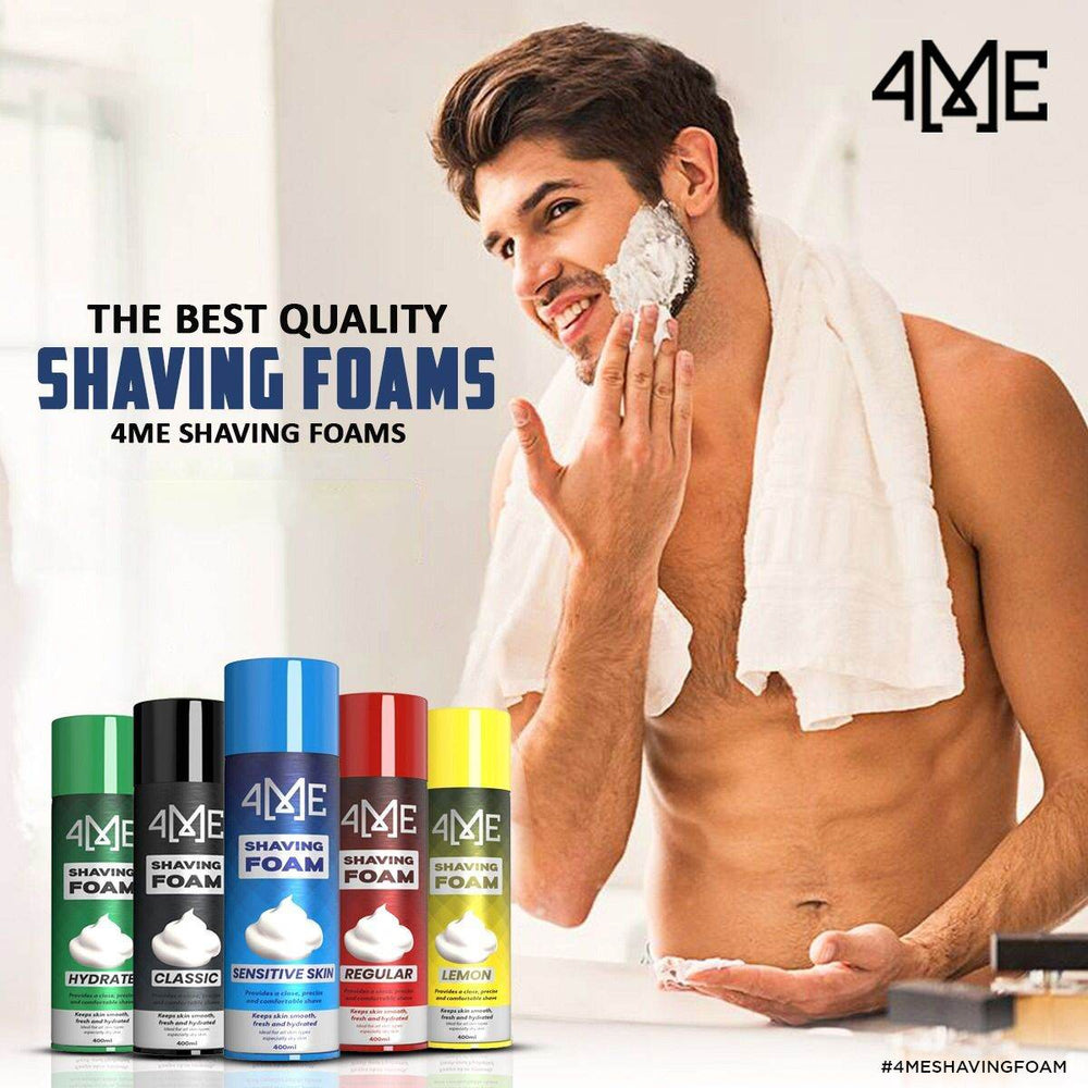 4ME shaving foam cans, assorted colors and scents on table