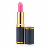 Pink lipstick bullet in gold cap with navy tube and matching compact base