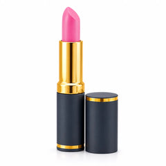 Pink lipstick bullet in gold cap with navy tube and matching compact base