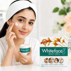 Face cream jar and Whiteface Beauty Cream box with woman applying white cream