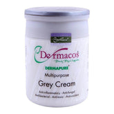 Multipurpose grey cream jar by Dermacos, plastic tub with purple label