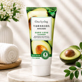 Avocado face cleanser in green squeeze tube with OneSpring label and white cap