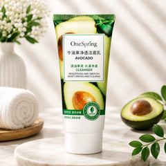 Avocado face cleanser in green squeeze tube with OneSpring label and white cap