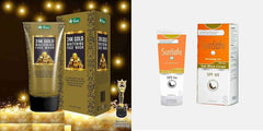 Skincare set: 24K Gold face wash boxes with tubes and Sunsafe SPF 60 sun block boxes