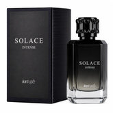 Black perfume bottle with faceted cap and matching box, Solace Intense, 100 ml.