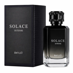Black perfume bottle with faceted cap and matching box, Solace Intense, 100 ml.