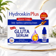HydroskinPlus beauty cream carton with Gluta serum dropper and free serum seal