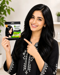 Woman holding hair color sachet box; dark glossy hair and 1.0 natural black label visible.