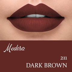 Dark brown lipstick on lips, matte-looking lip color