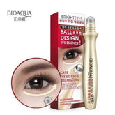 Eye essence roll-on with ball applicator, gold-toned bottle and boxed set.