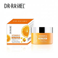 Dr Rashel Vitamin C day cream jar with matching orange box and citrus graphic.