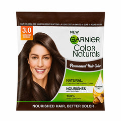 Garnier Color Naturals permanent hair color sachet, 3.0 Darkest Brown.