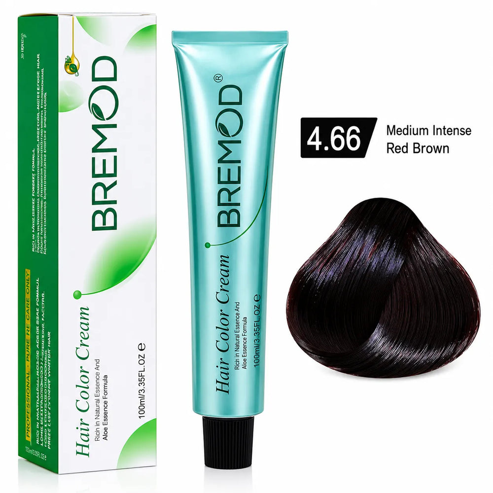 Hair color cream tube with box and dark medium intense red brown shade swatch