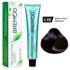 Hair color cream tube with box and dark medium intense red brown shade swatch