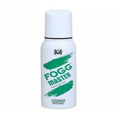 Body spray bottle with tall white cap and green FOGG Master label