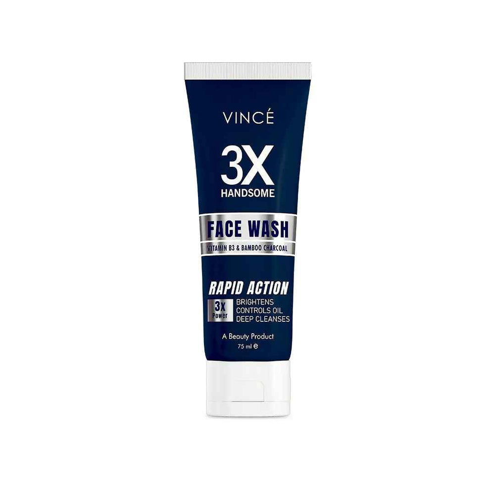 Vince 3X Handsome face wash tube, dark blue with silver cap, white base