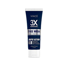 Vince 3X Handsome face wash tube, dark blue with silver cap, white base