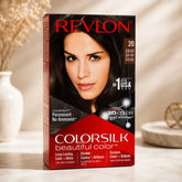 Revlon Colorsilk hair color box, shade 20 Brown Black, front view