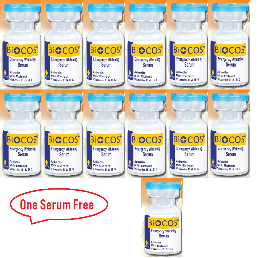 Biocos whitening serum bottles, multiple pack with blue caps and yellow labels