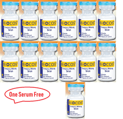 Biocos whitening serum bottles, multiple pack with blue caps and yellow labels