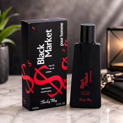 Men's eau de toilette perfume, black bottle with spray cap and 100ml box
