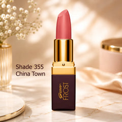 Genny Frost lipstick, Shade 355 China Town, bold red lipstick with gold top