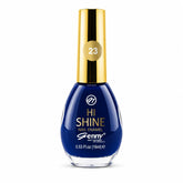 Blue nail polish bottle with gold cap, shade 23 Genny Hi Shine nail enamel.