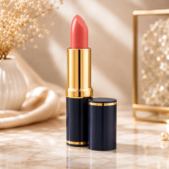 Coral pink lipstick with gold tube and navy case, open bullet tip