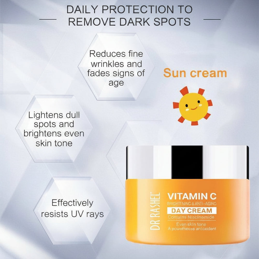 Dr Rashel Vitamin C day cream jar with orange label and black-and-white lid.