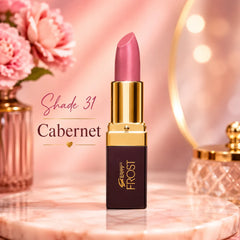 Pink lipstick with gold cap, shade 31 Cabernet on dark maroon base