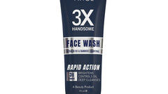 Vince 3X Handsome face wash tube front, dark blue label with silver top